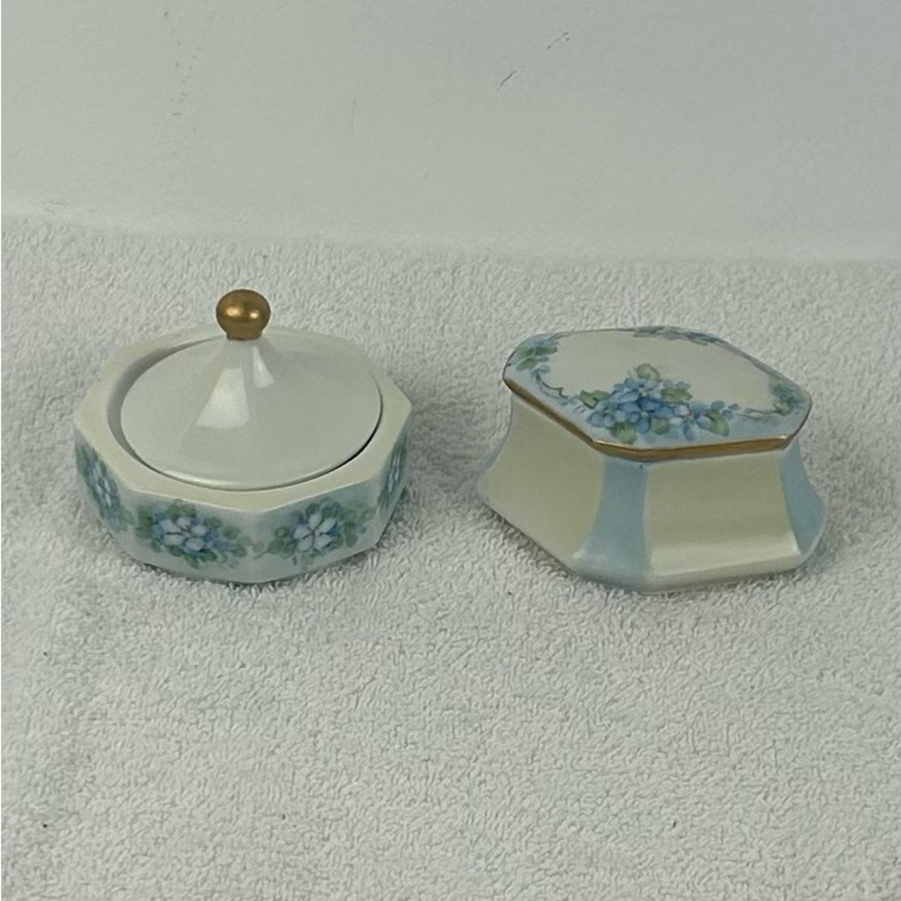 2 - VTG MZ Austria Porcelain Floral Trinket Boxes in White & Blue w/ Gold Accent